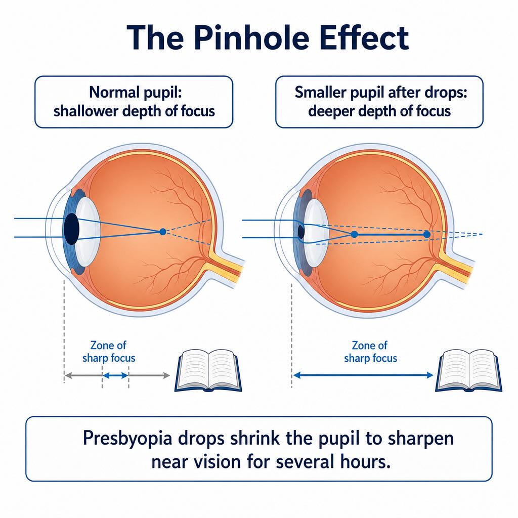 How presbyopia eye drops work Infographic comparing a normal pupil with a smaller pupil after presbyopia eye drops, showing how the pinhole effect increases depth of focus