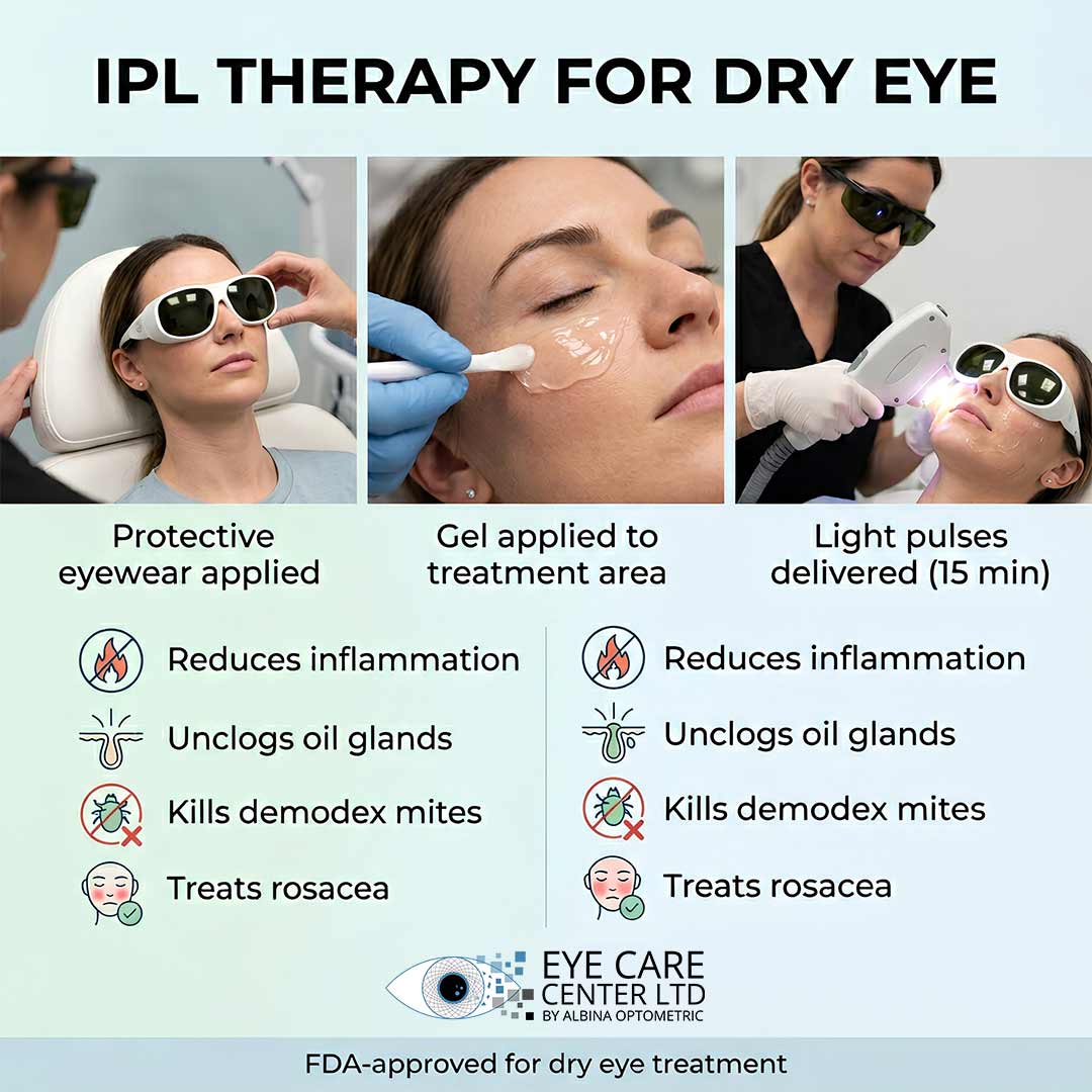 IPL therapy for dry eyes - how light treatment heals meibomian gland dysfunction IPL intense pulsed light therapy process for treating chronic dry eye and MGD