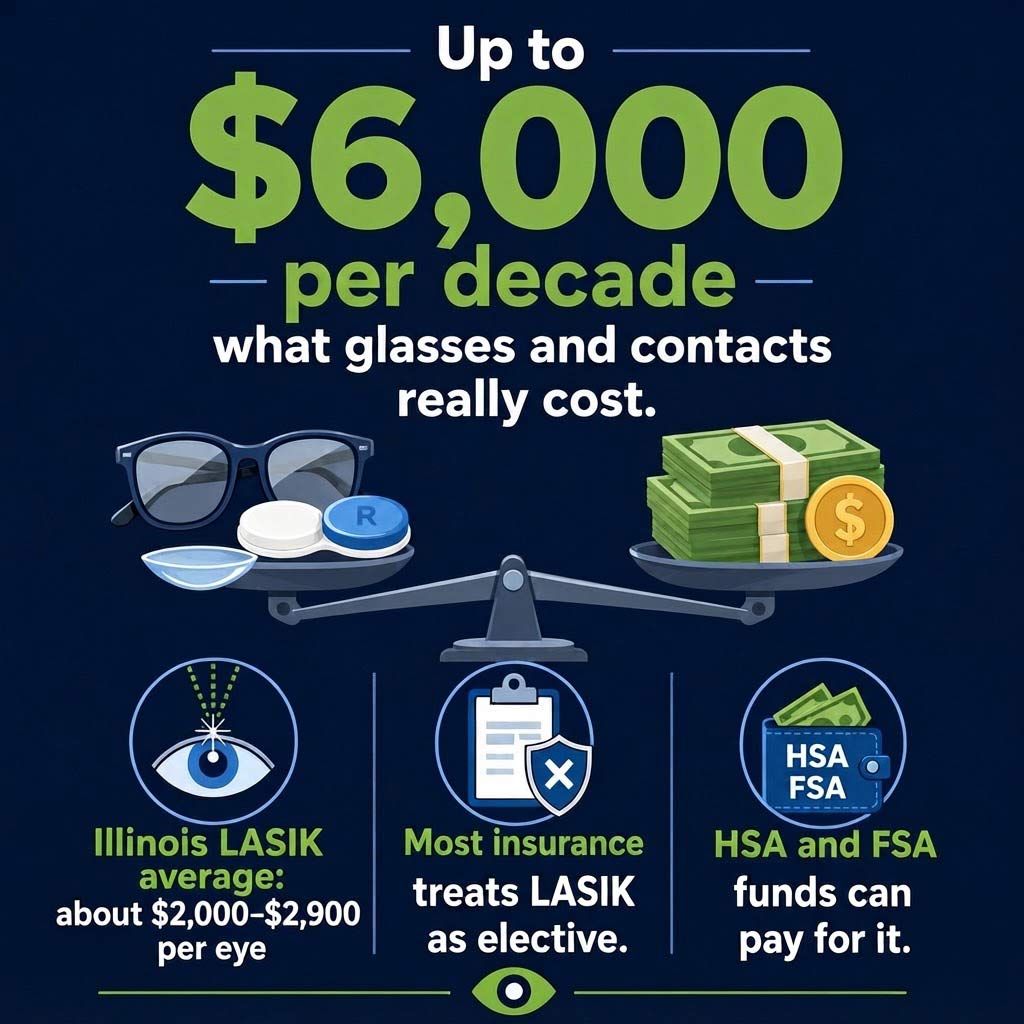 LASIK Cost vs Glasses and Contacts | The Eye Care Center LTD Infographic comparing decade-long glasses and contacts spending to one-time LASIK cost in Illinois