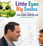 Optometrist and child during a myopia management consultation at The Eye Care Center LTD