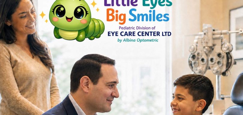 Optometrist and child during a myopia management consultation at The Eye Care Center LTD