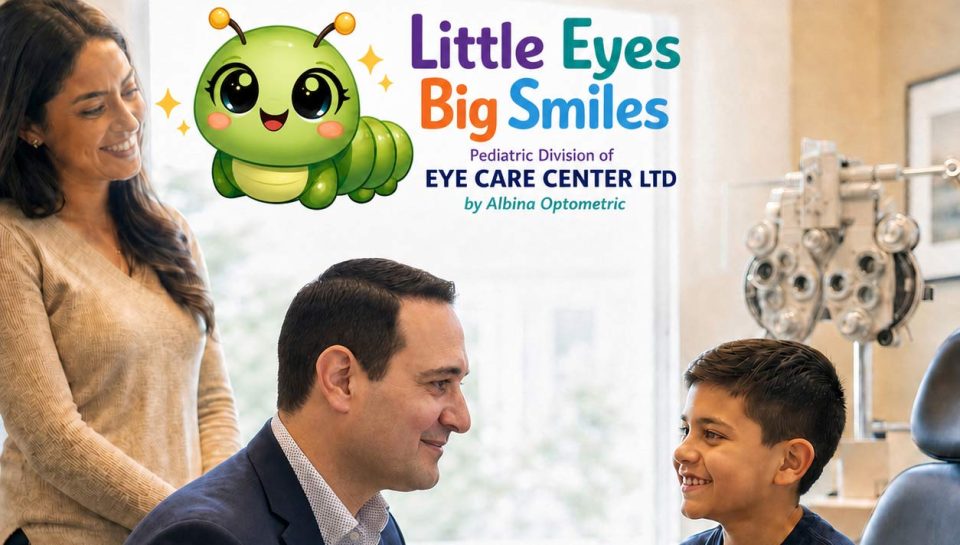 Optometrist and child during a myopia management consultation at The Eye Care Center LTD