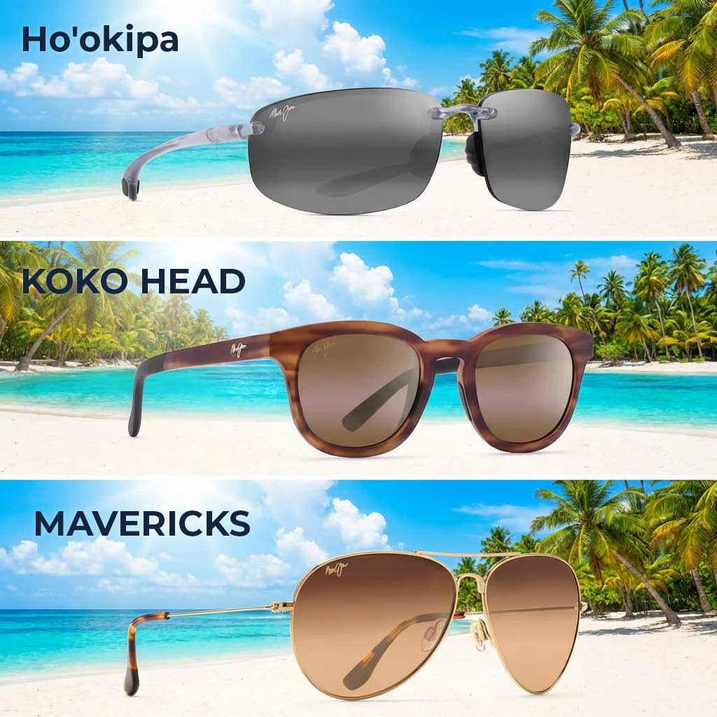 Maui Jim Ho'okipa, Koko Head, and Mavericks Sunglasses | The Eye Care Center Illinois Three Maui Jim sunglass models — Ho'okipa, Koko Head, and Mavericks — featuring PolarizedPlus2 lens technology