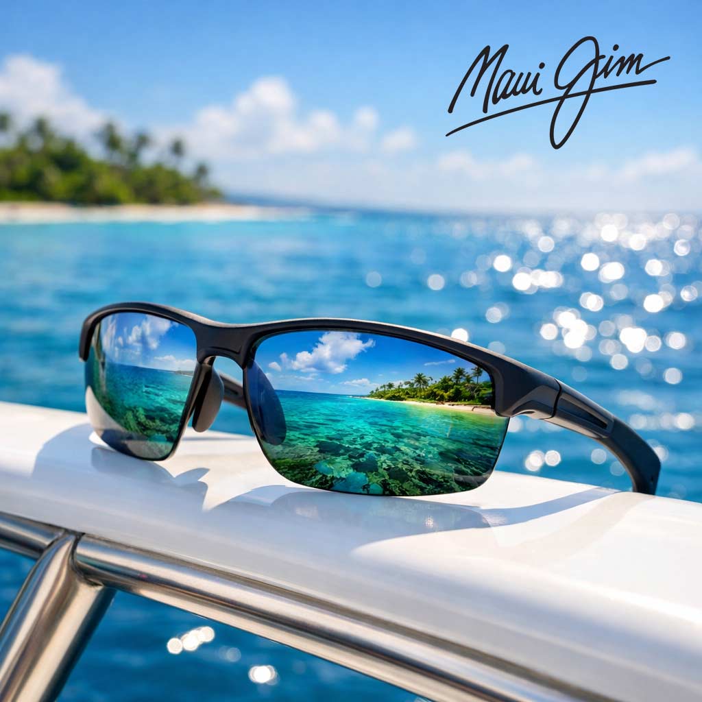 Maui Jim PolarizedPlus2 Performance Sunglasses | The Eye Care Center Illinois High-performance polarized sunglasses on a boat railing demonstrating glare reduction over bright water — inspired by Maui Jim optical technology