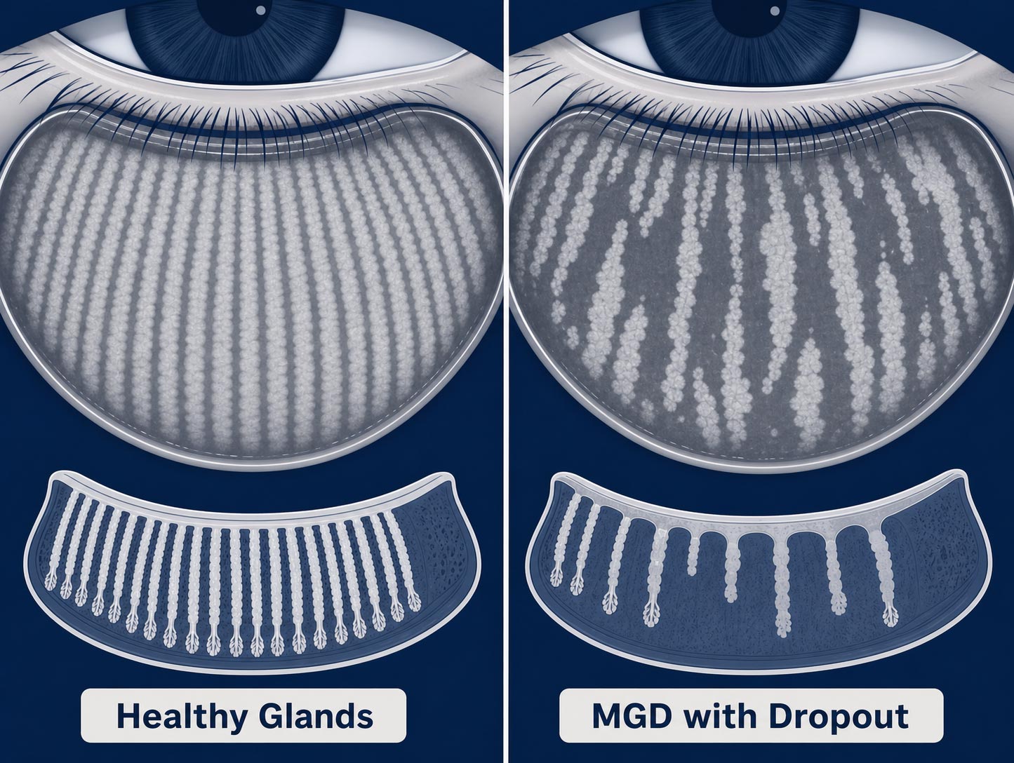 Meibomian Gland Dropout Meibography | The Eye Care Center Meibography comparison showing healthy meibomian glands versus gland dropout in advanced MGD