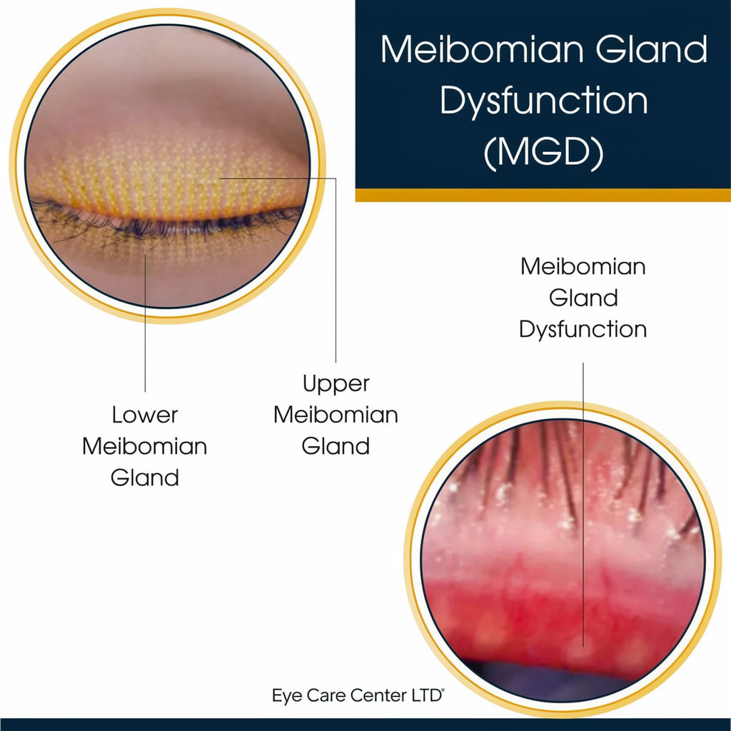 Understanding meibomian gland dysfunction - primary cause of dry eye syndrome Meibomian gland dysfunction diagram showing healthy vs blocked oil glands in eyelids