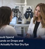 Optometrist examining eyelid margin for meibomian gland dysfunction at Eye Care Center Illinois