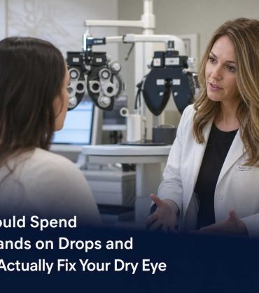 Optometrist examining eyelid margin for meibomian gland dysfunction at Eye Care Center Illinois