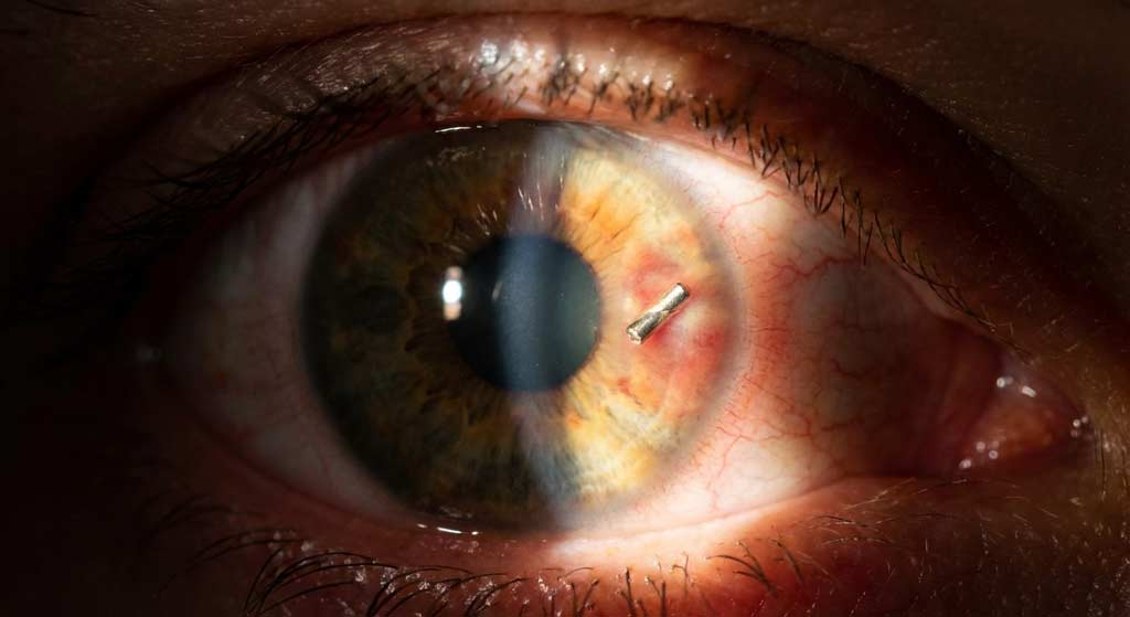 Medical image showing metal fragment lodged in eye cornea requiring emergency removal