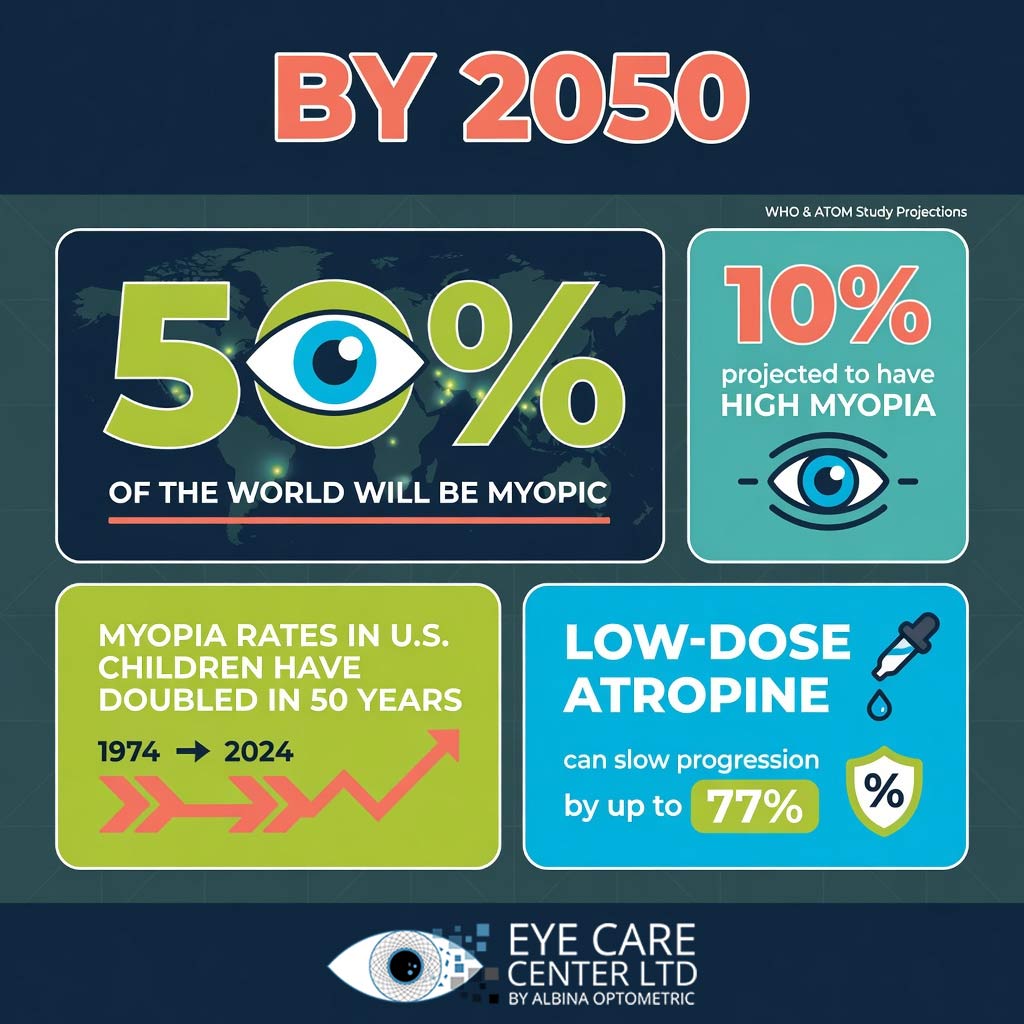 Myopia Epidemic Statistics 2050 | The Eye Care Center LTD Infographic showing myopia epidemic projections for 2050 with 50% of world population affected