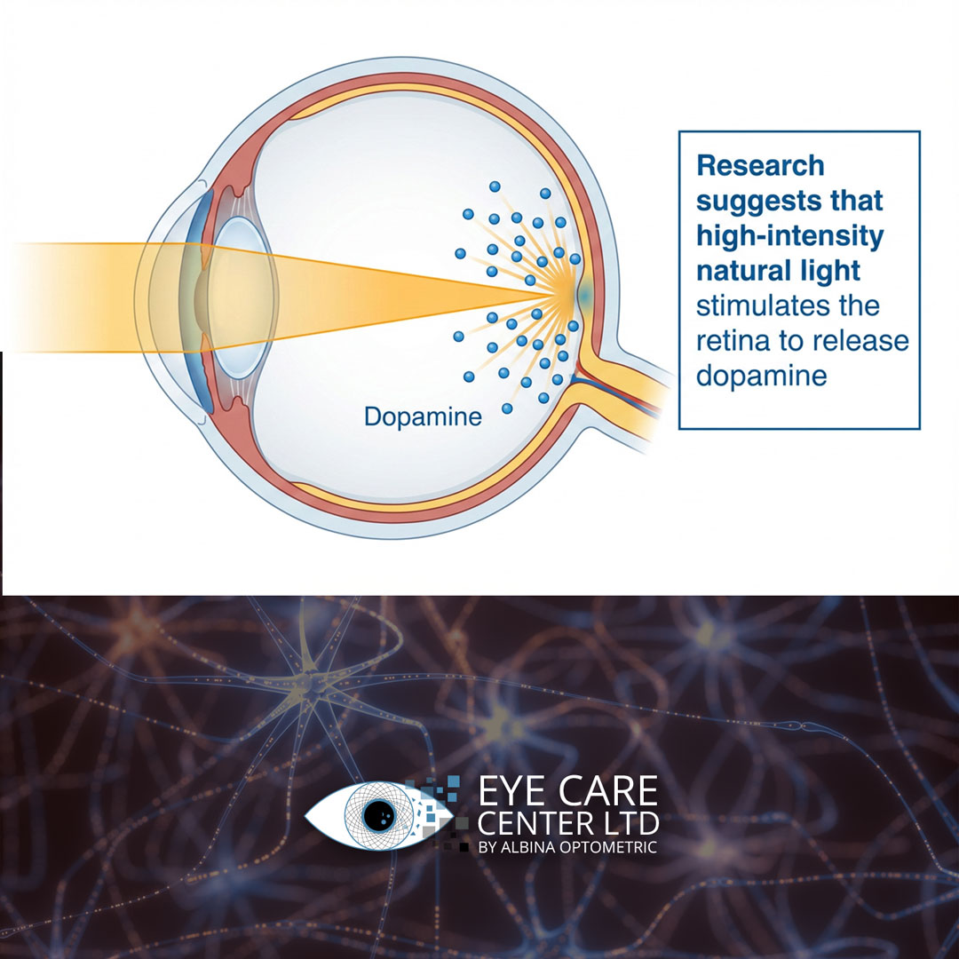 How Natural Light Regulates Eye Growth and Prevents Myopia in Children | The Eye Care Center Medical illustration showing how natural light stimulates retinal dopamine release and regulates eye growth in children