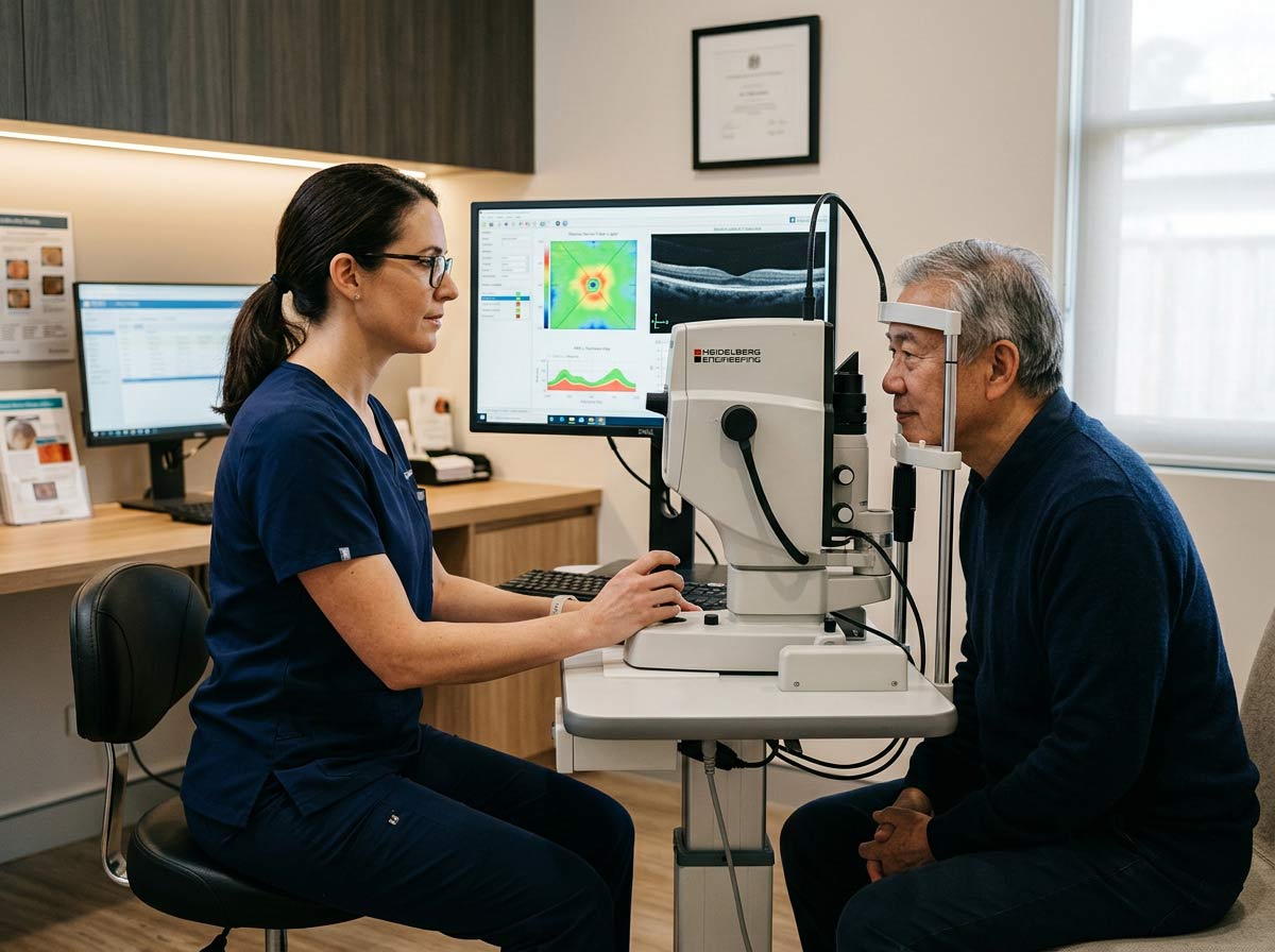 OCT Glaucoma Imaging Eye Exam Illinois | The Eye Care Center Optometrist using OCT imaging to evaluate optic nerve and retinal nerve fiber layer for glaucoma detection