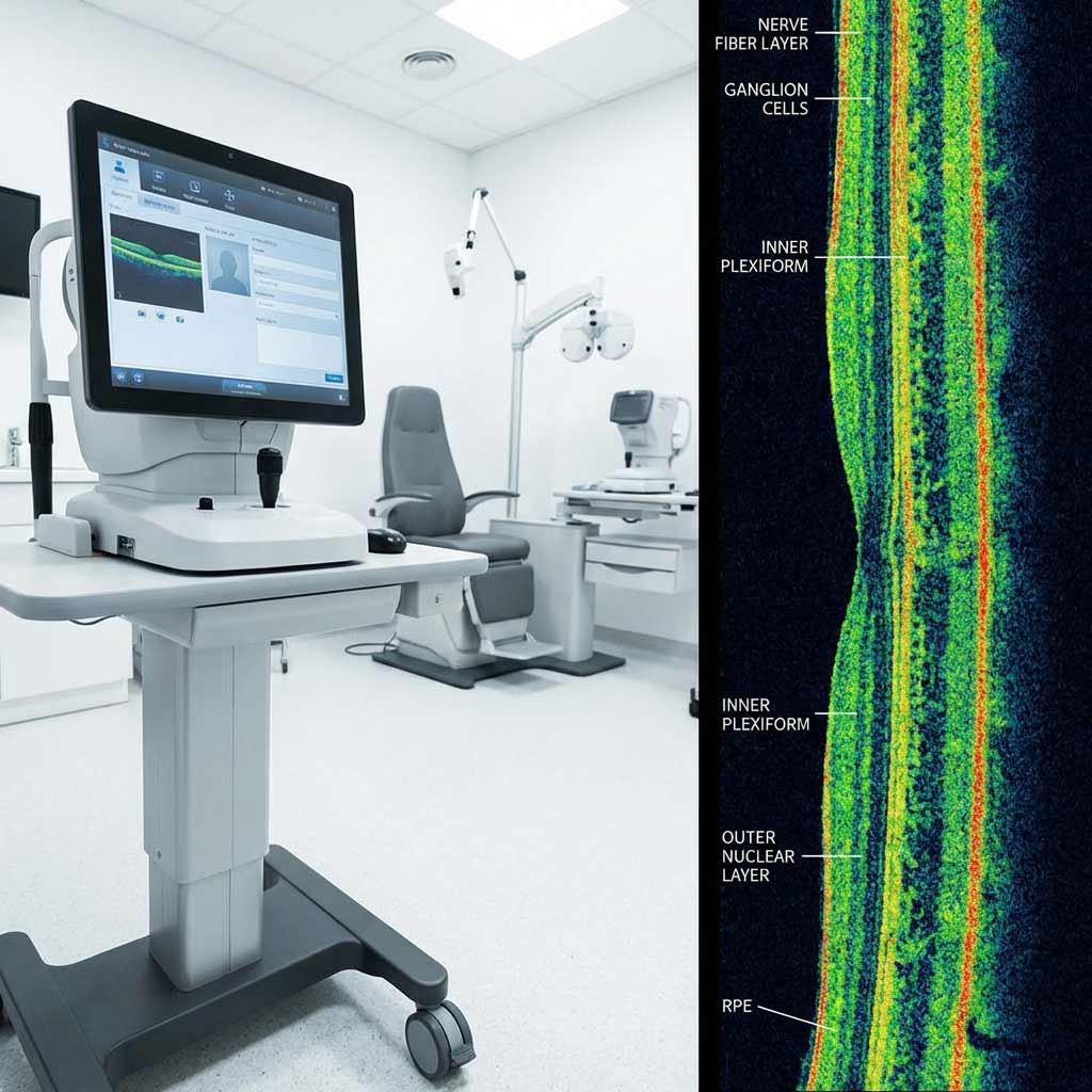 OCT Retinal Imaging Technology for Early Disease Detection | The Eye Care Center Illinois OCT optical coherence tomography machine alongside a retinal cross-section scan showing distinct retinal layers used for early eye disease detection
