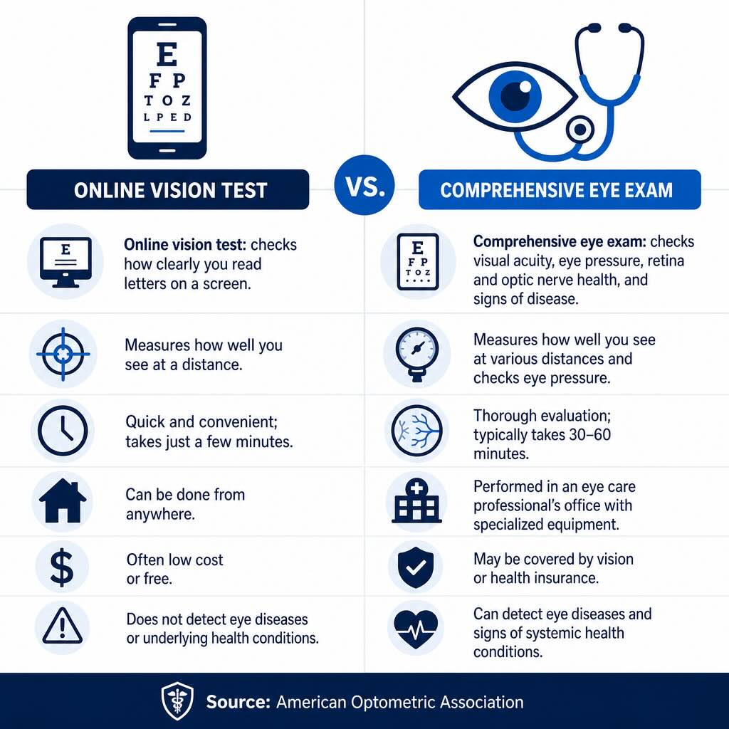 Online test versus comprehensive exam comparison Infographic comparing what an online vision test checks versus what a comprehensive eye exam checks