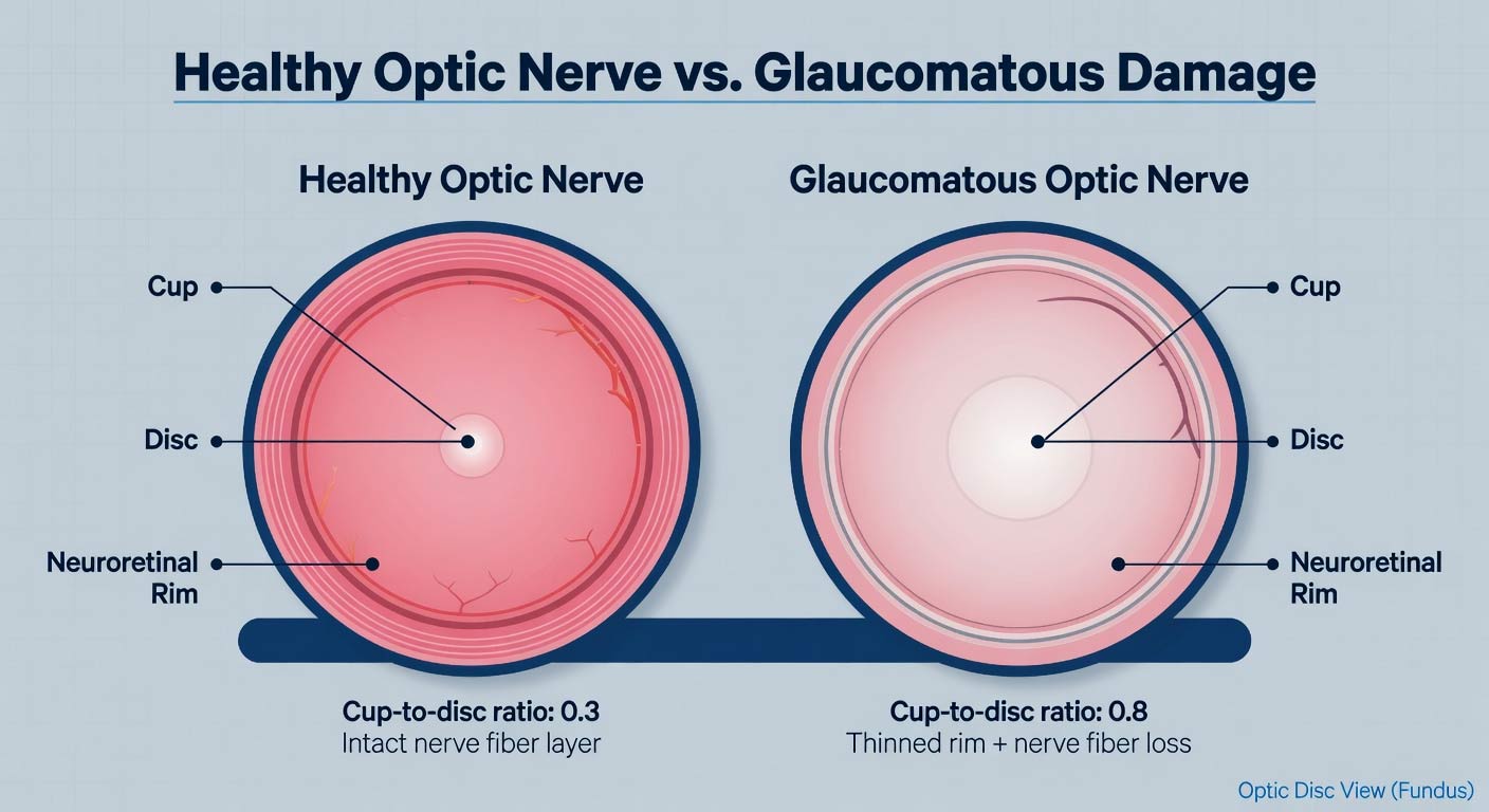Optic Nerve Glaucoma Damage Illustration | The Eye Care Center Medical illustration comparing healthy optic nerve to glaucomatous optic nerve with enlarged cup-to-disc ratio