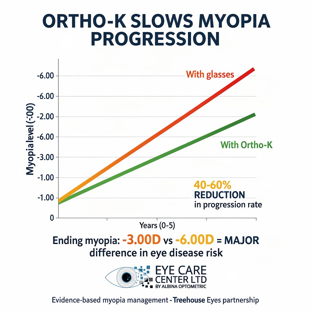 Ortho-K myopia control effectiveness - slowing childhood nearsightedness progression Ortho-K reduces myopia progression by 40-60 percent compared to glasses - graph comparison