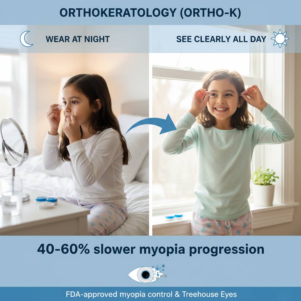 Orthokeratology Ortho-K lenses - FDA-approved overnight myopia control treatment Ortho-K orthokeratology overnight contact lenses - child wears at night, sees clearly all day