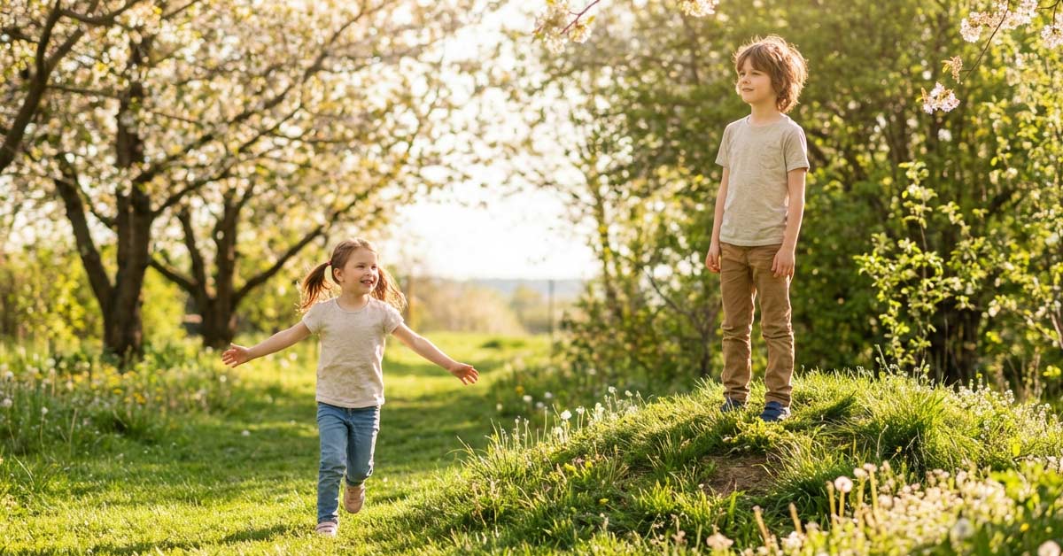 Two children playing outdoors in spring sunlight — supporting healthy eye development and myopia prevention through daily outdoor time