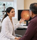 Optometrist discussing eye health with a patient during a comprehensive eye exam