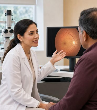 Optometrist discussing eye health with a patient during a comprehensive eye exam