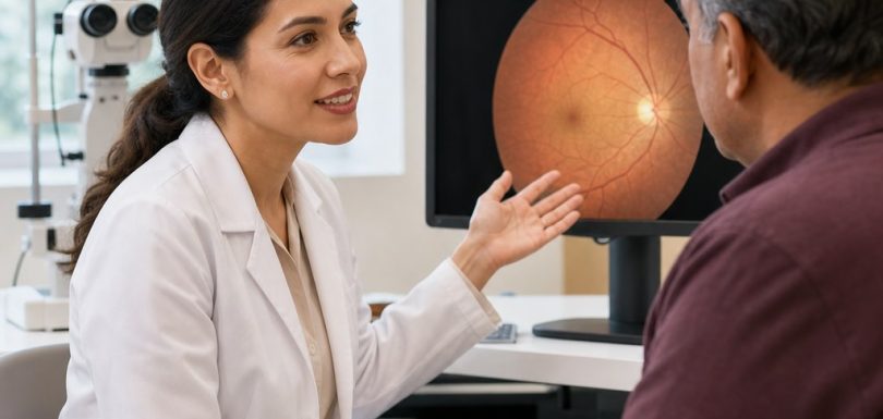 Optometrist discussing eye health with a patient during a comprehensive eye exam