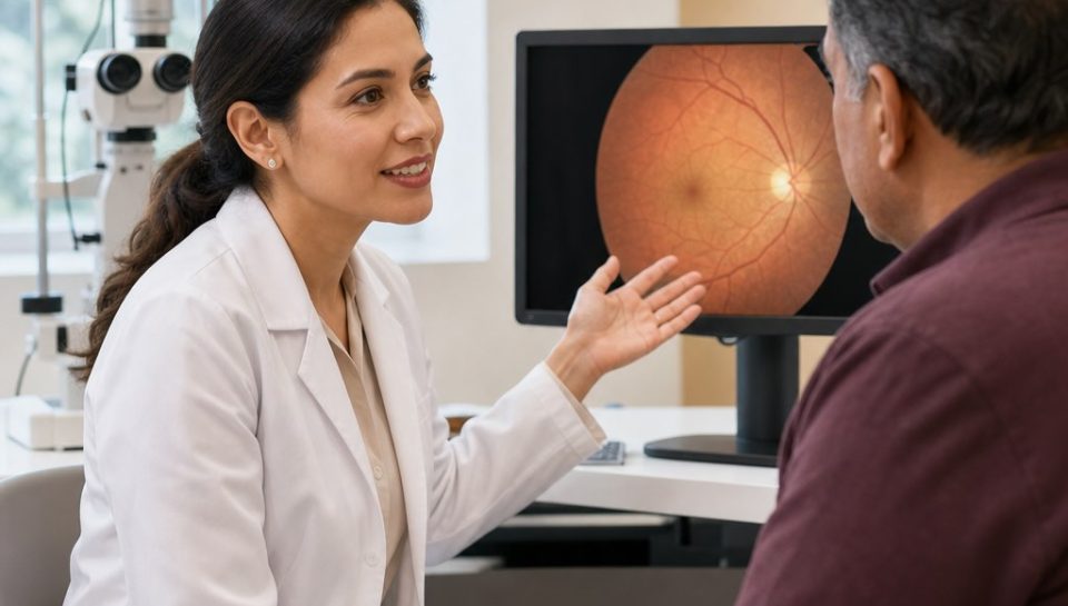 Optometrist discussing eye health with a patient during a comprehensive eye exam
