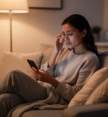 Woman checking her eye symptoms on her phone before deciding whether to book an eye exam