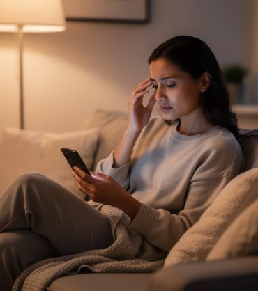 Woman checking her eye symptoms on her phone before deciding whether to book an eye exam