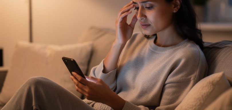 Woman checking her eye symptoms on her phone before deciding whether to book an eye exam