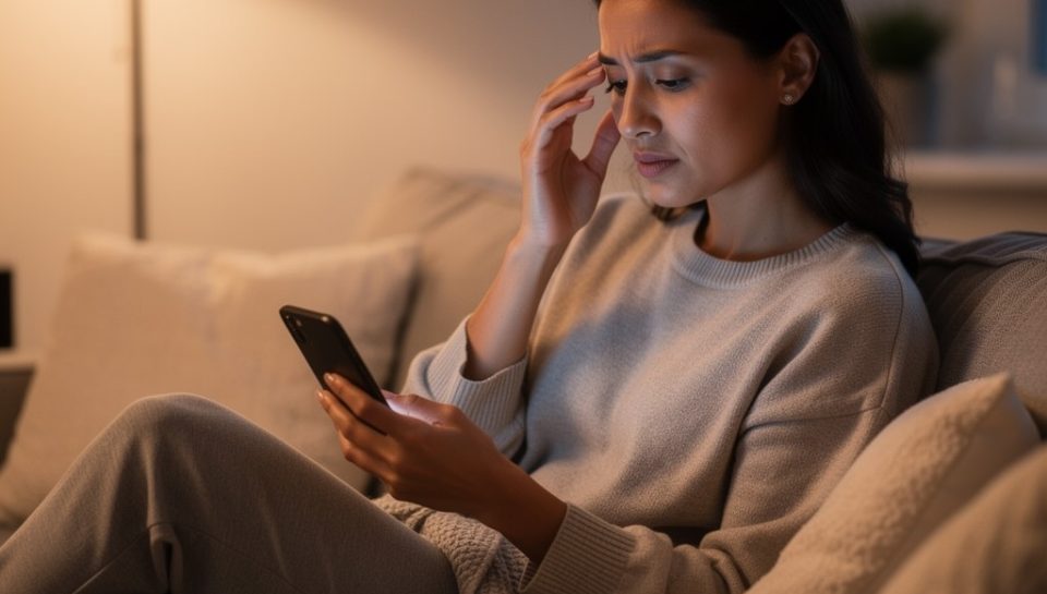 Woman checking her eye symptoms on her phone before deciding whether to book an eye exam
