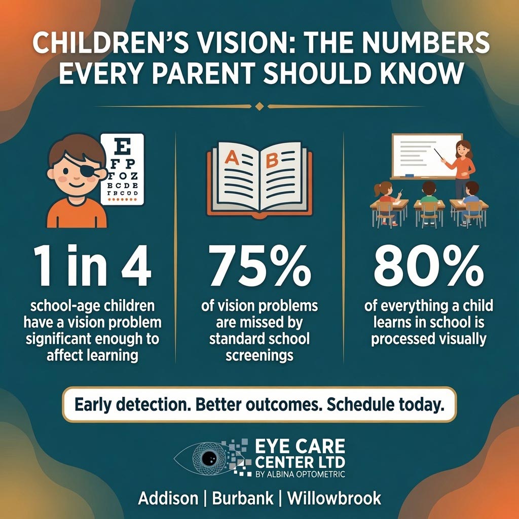 Pediatric vision statistics - why school screenings aren't enough Children's vision statistics - 1 in 4 kids have vision problems, 75% missed by screenings, 80% of learning is visual