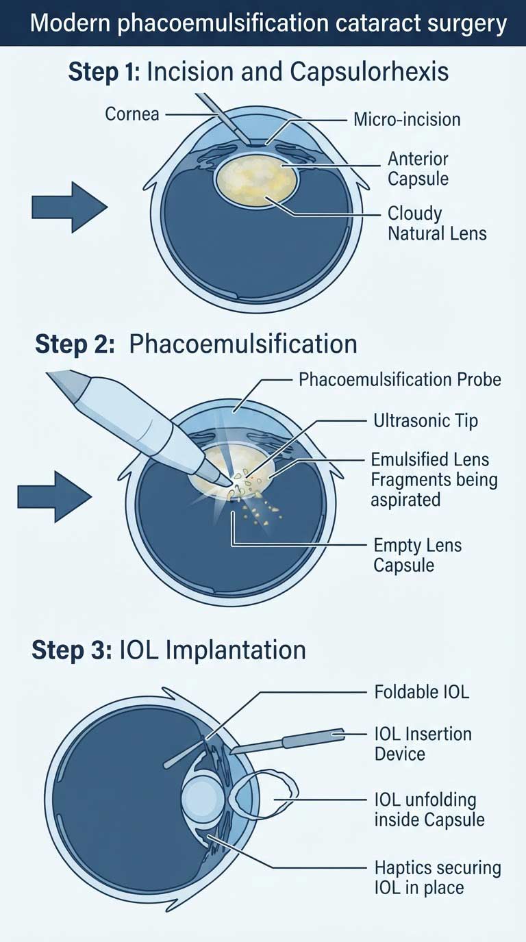 How Modern Cataract Surgery Works | The Eye Care Center Medical diagram showing the three steps of modern phacoemulsification cataract surgery with IOL implantation