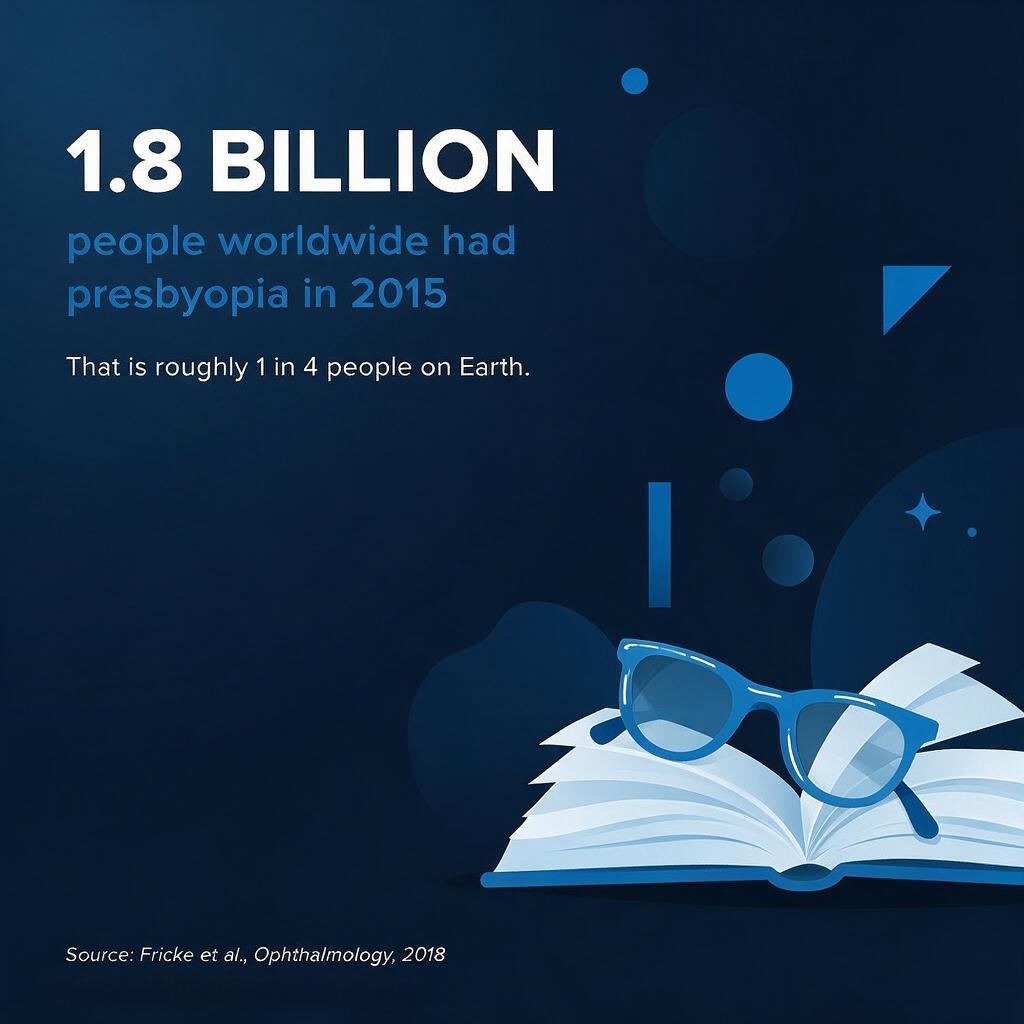 Presbyopia affects 1.8 billion people worldwide 1.8 billion people worldwide had presbyopia in 2015, about 1 in 4 people, according to Fricke et al., Ophthalmology, 2018