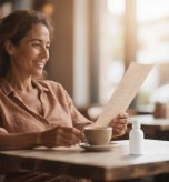 Woman in her 40s reading a menu comfortably at a cafe with a prescription eye drop bottle on the table