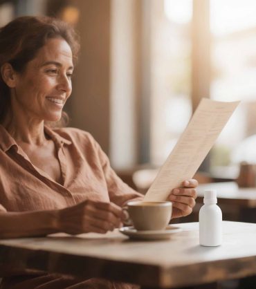 Woman in her 40s reading a menu comfortably at a cafe with a prescription eye drop bottle on the table