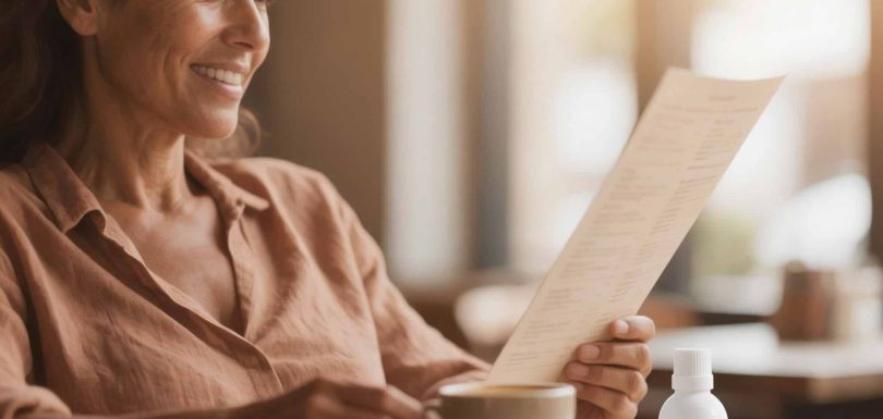 Woman in her 40s reading a menu comfortably at a cafe with a prescription eye drop bottle on the table