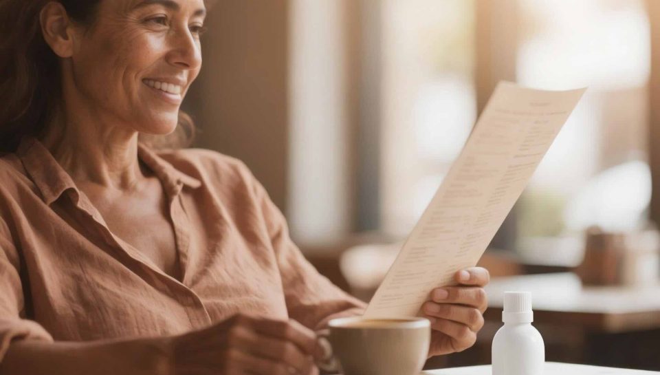 Woman in her 40s reading a menu comfortably at a cafe with a prescription eye drop bottle on the table