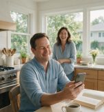 Man in his 40s holding his phone at arm's length to read, a common early sign of presbyopia