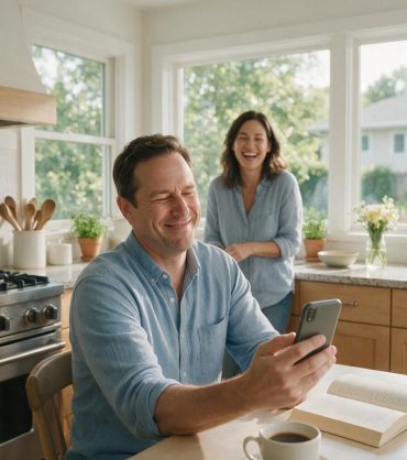 Man in his 40s holding his phone at arm's length to read, a common early sign of presbyopia