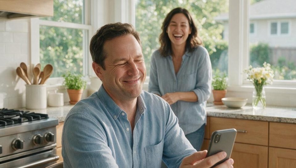 Man in his 40s holding his phone at arm's length to read, a common early sign of presbyopia