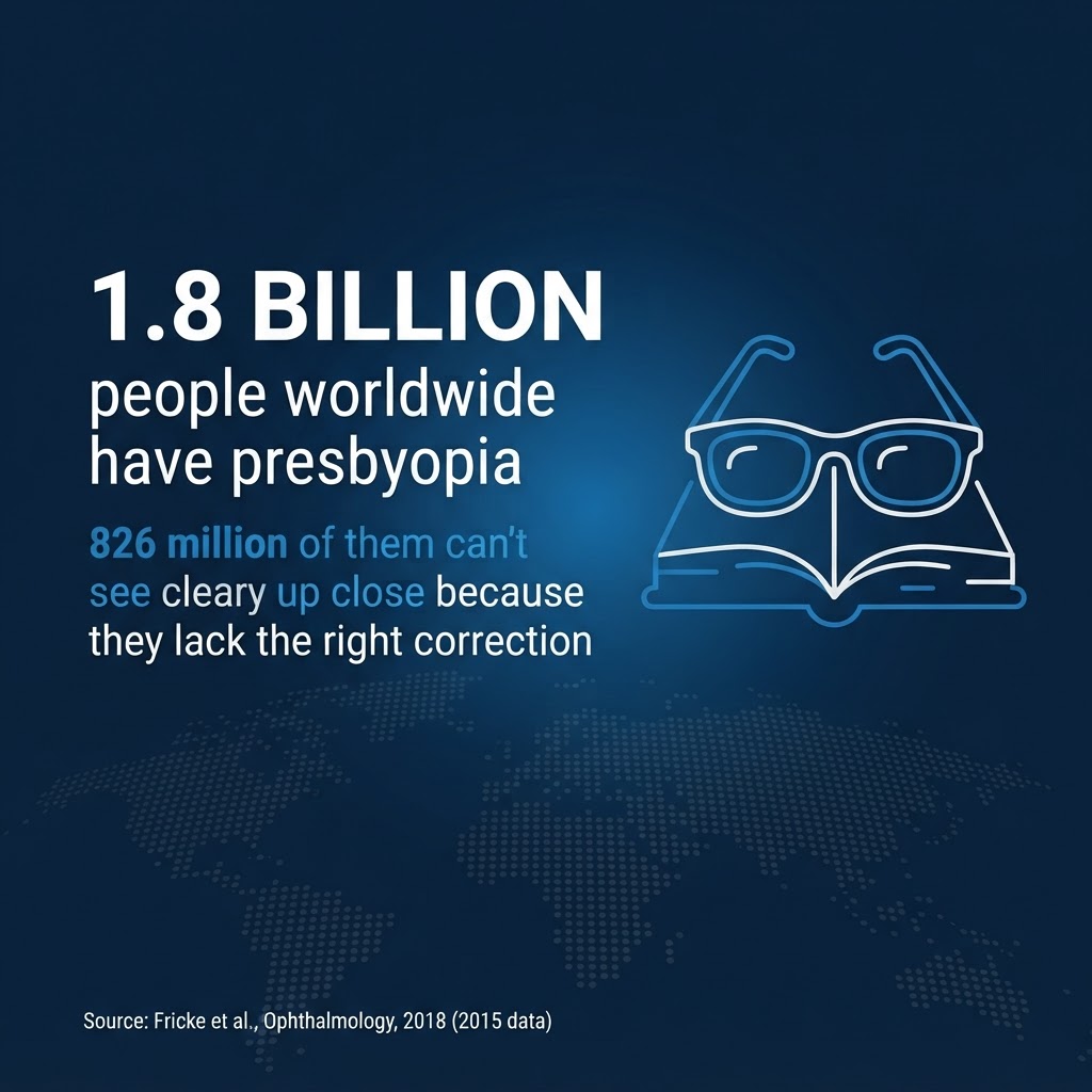 1.8 Billion People Worldwide Have Presbyopia An estimated 1.8 billion people worldwide have presbyopia, and 826 million lack the correction they need to see up close. Source: Fricke et al., Ophthalmology, 2018 (2015 data)