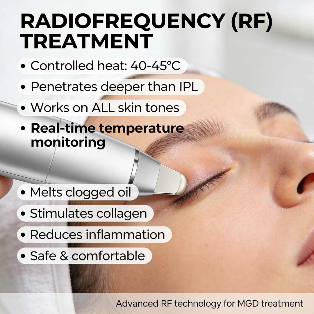 Radiofrequency dry eye treatment - how RF heats and unclogs oil glands Radiofrequency RF treatment for dry eye - heat therapy to restore meibomian gland function