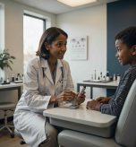 Eye doctor discussing myopia control options with a young patient during an eye exam