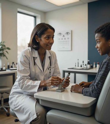 Eye doctor discussing myopia control options with a young patient during an eye exam