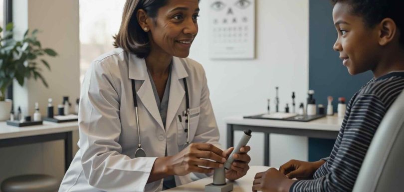Eye doctor discussing myopia control options with a young patient during an eye exam