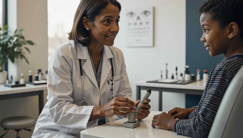 Eye doctor discussing myopia control options with a young patient during an eye exam