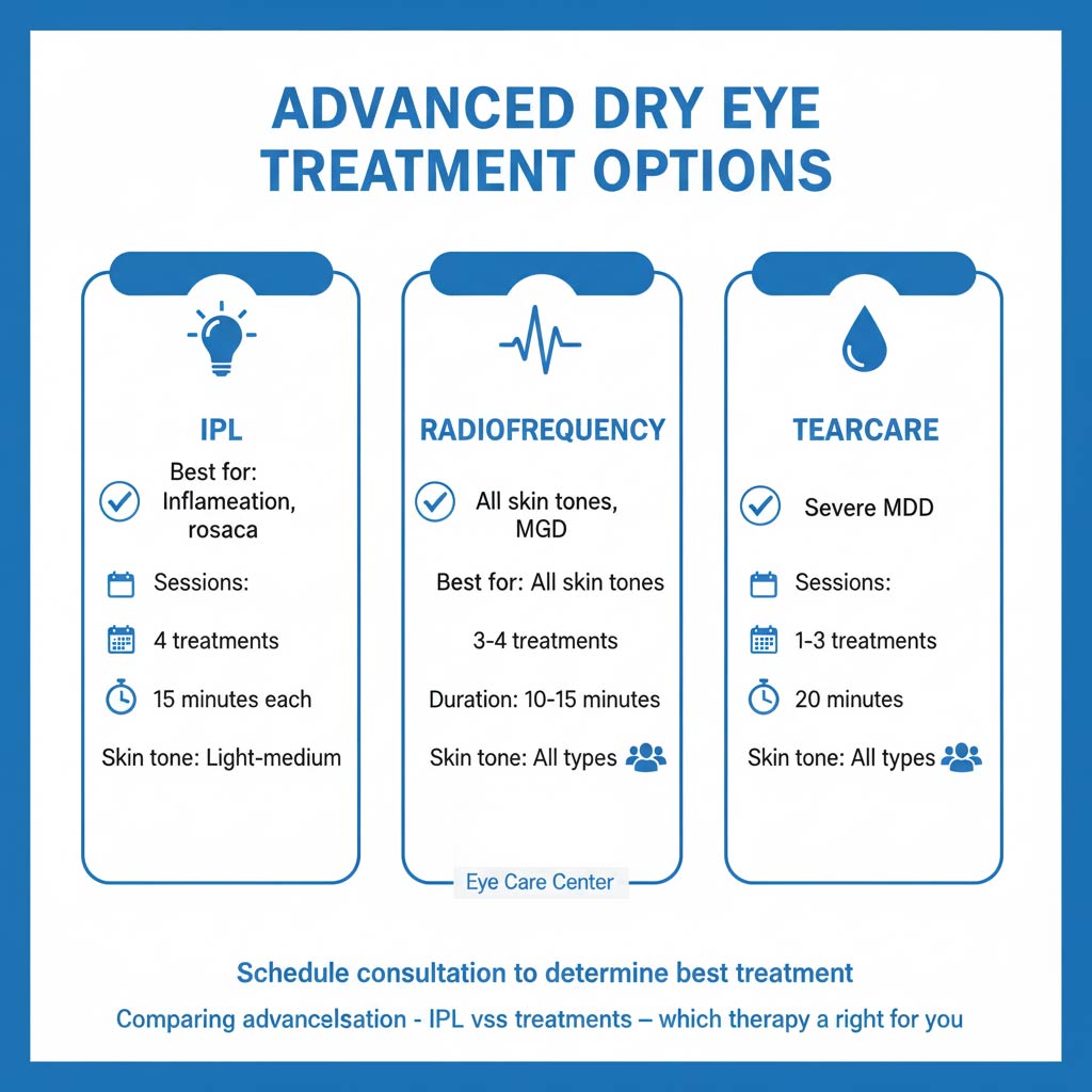 Comparing advanced dry eye treatments - which therapy is right for you Dry eye treatment comparison - IPL vs radiofrequency vs TearCare options