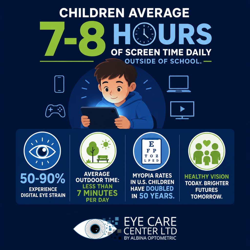 Children Screen Time Statistics Eye Health | The Eye Care Center LTD Infographic showing children average 7-8 hours of daily screen time with related eye health statistics