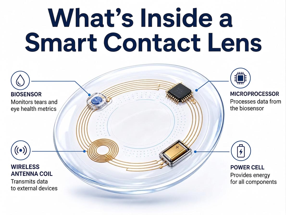 Smart Contact Lens Components Explained | The Eye Care Center Illinois Diagram showing components inside a smart contact lens including biosensor microprocessor and wireless antenna