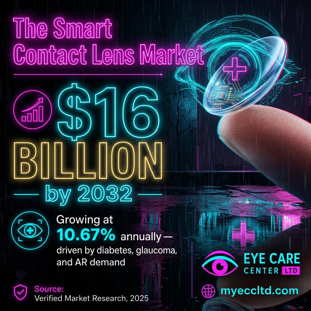 Smart Contact Lens Market Growth | The Eye Care Center Illinois Smart contact lens market projected to reach 16 billion dollars by 2032 infographic